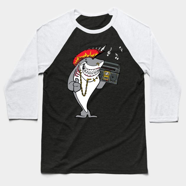 Punk Rock Music Shark With Boombox Baseball T-Shirt by RadStar